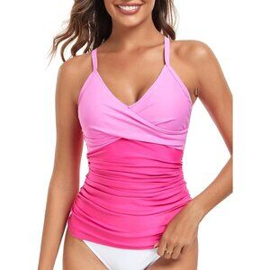 RELLECIGA Women's V Neckline Ruched Tankini Top Swimsuits